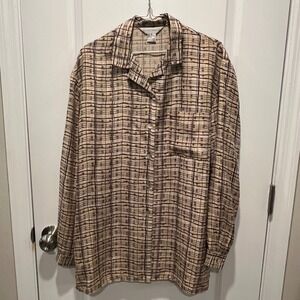 Melrose Studio Womens Button Down Shirt 100% Silk Abstract Grid Tan Size S